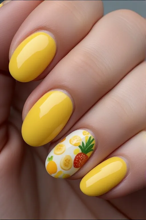 banana yellow mixed fruit accent oval nails