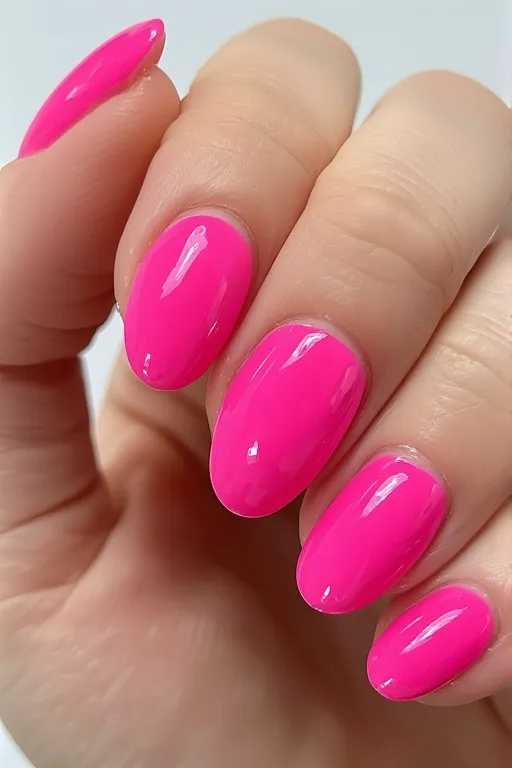  hot pink glossy almond nails