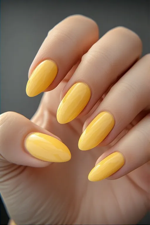 butter yellow glossy almond nails