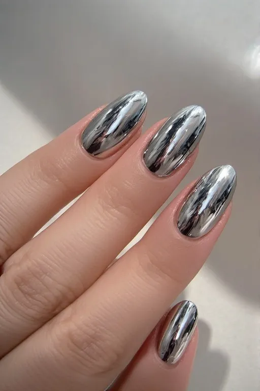 chrome french tip oval nails