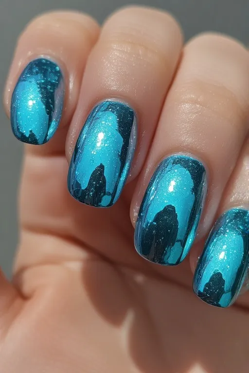 aqua chrome mirror oval nails