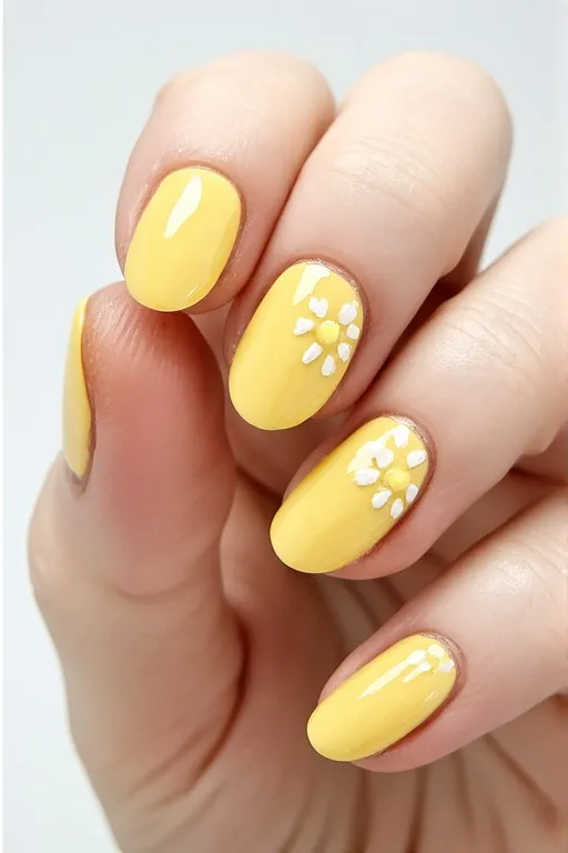  butter yellow daisy accent oval nails