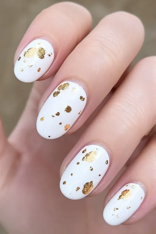 white nails gold foil accent oval
