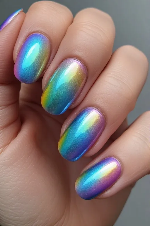 holographic rainbow oval nails