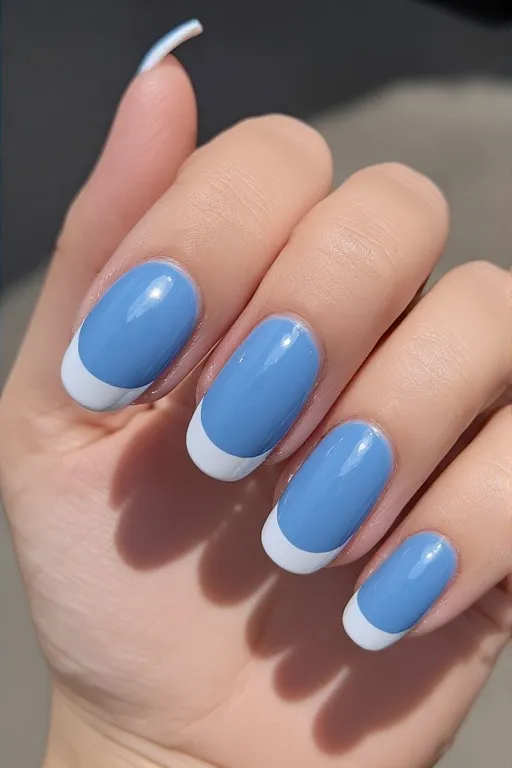 sky blue thin white tip oval nails