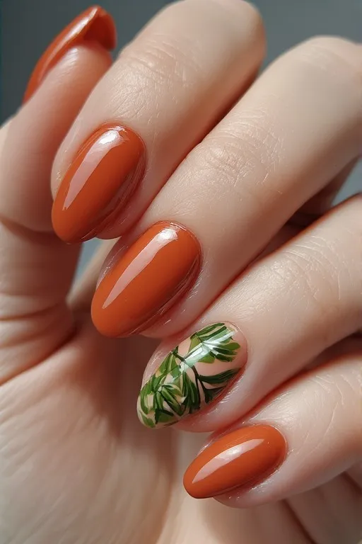 terracotta nails green leaf accent oval