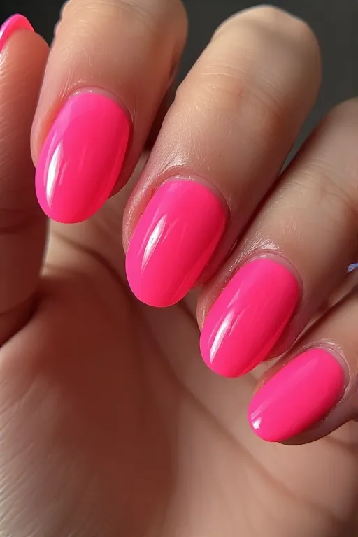 neon pink glossy oval nails