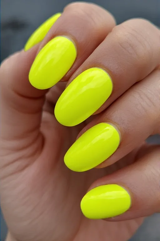 neon yellow glossy oval nails