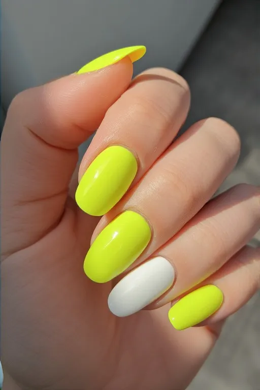neon yellow white accent oval nails