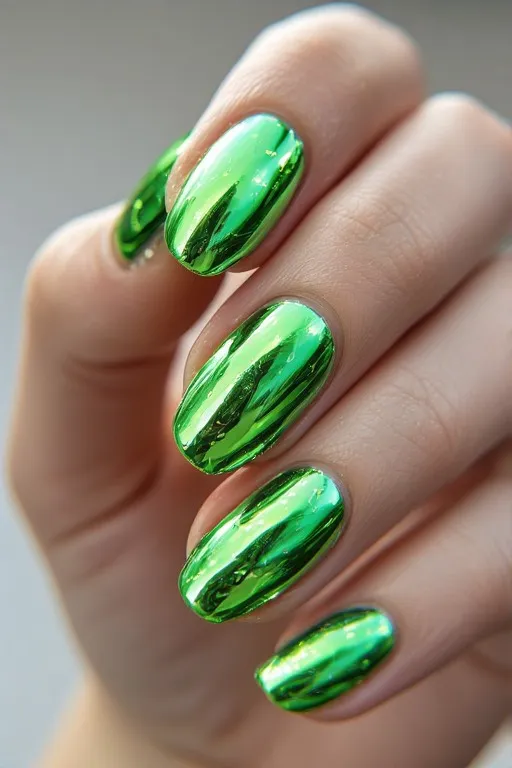 neon green chrome oval nails