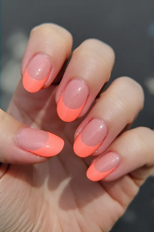 neon coral french tip oval nails