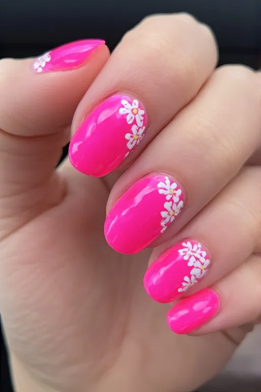 neon pink floral accent oval nails