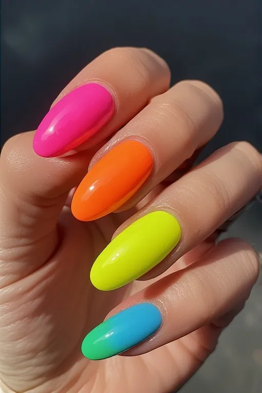 mixed neon rainbow oval nails