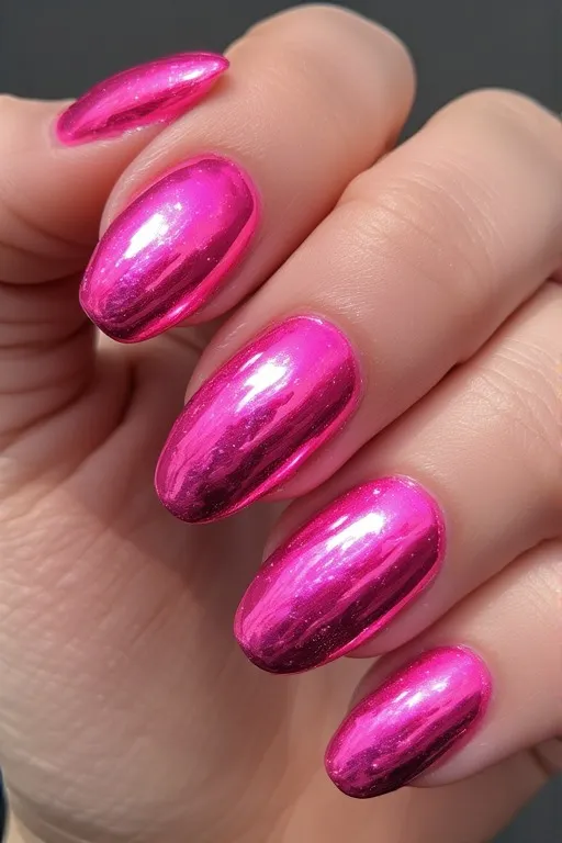 neon pink chrome oval nails