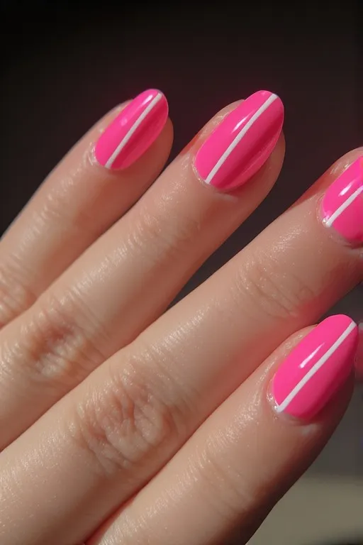 neon pink white negative space oval nails