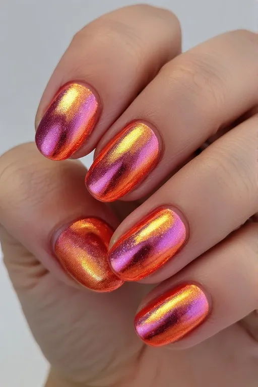 neon coral chrome oval nails
