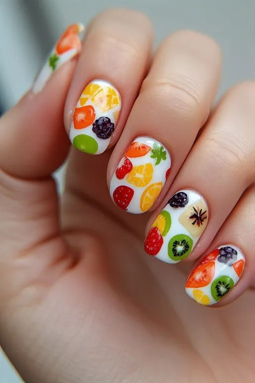 mixed fruit salad nail art oval nails