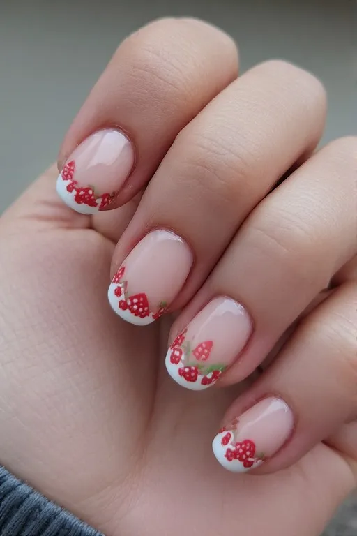 strawberry french tip oval nails