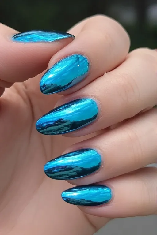 aqua chrome mirror almond nails