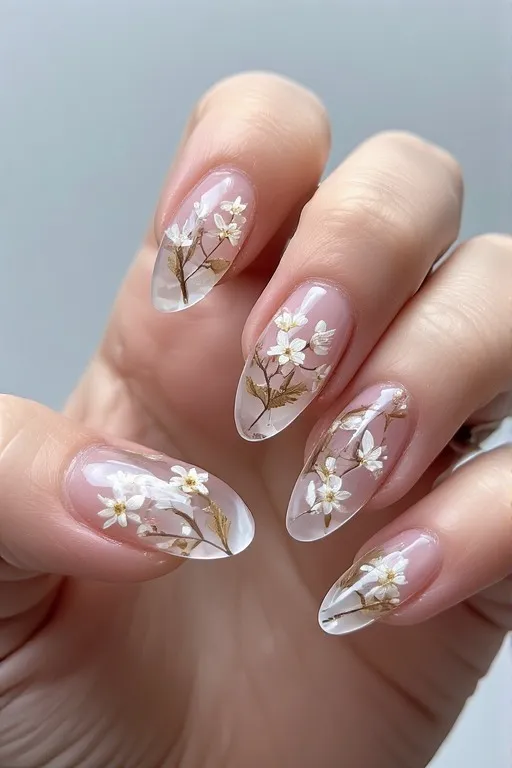 clear almond nails with dried flowers inside