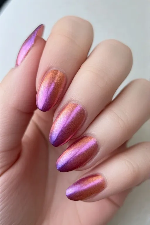 chrome pink to purple almond nails