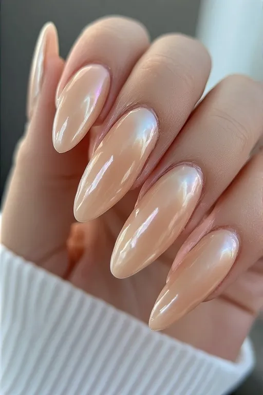 glazed nude pearl finish almond nails