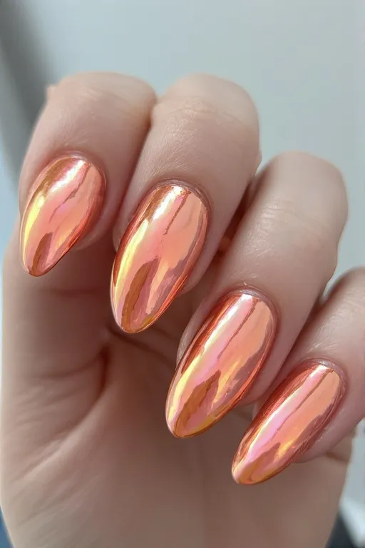  glazed peach chrome almond nails