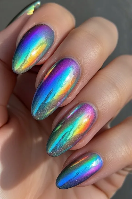 holographic rainbow almond nails