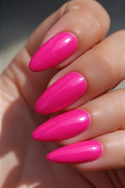  hot pink glossy almond nails