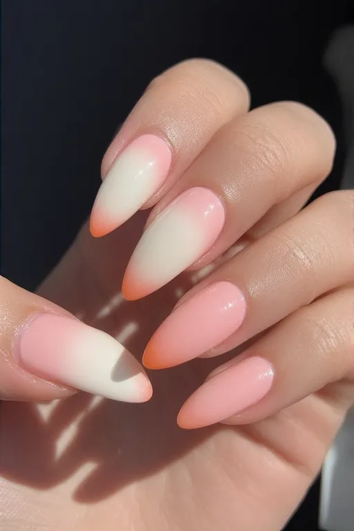  peachy pink ombre almond nails