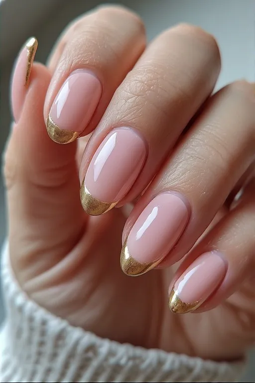 sheer pink almond nails with gold tip