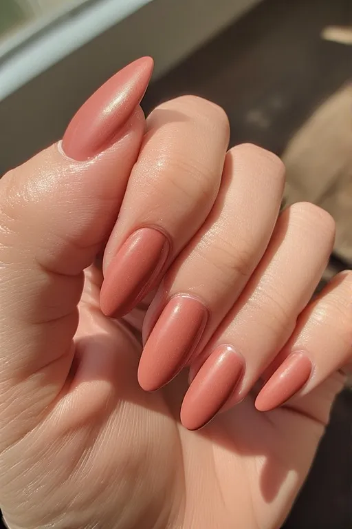 terracotta satin almond nails
