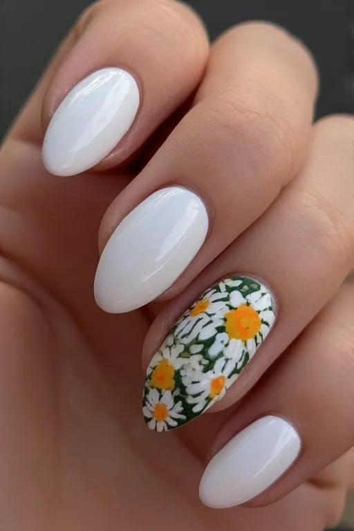 white almond nails with daisy nail art