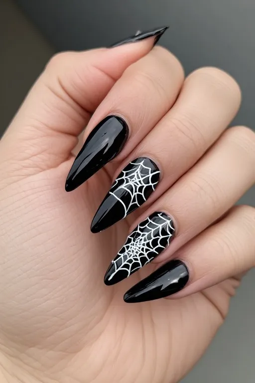 black stiletto nails with spider web art