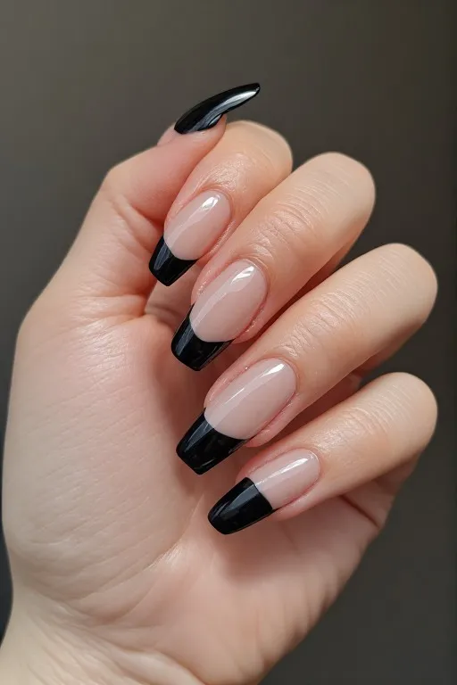 clear nails with black french tips coffin