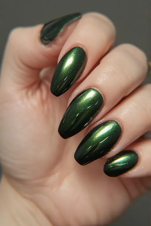 dark olive chrome metallic coffin nails