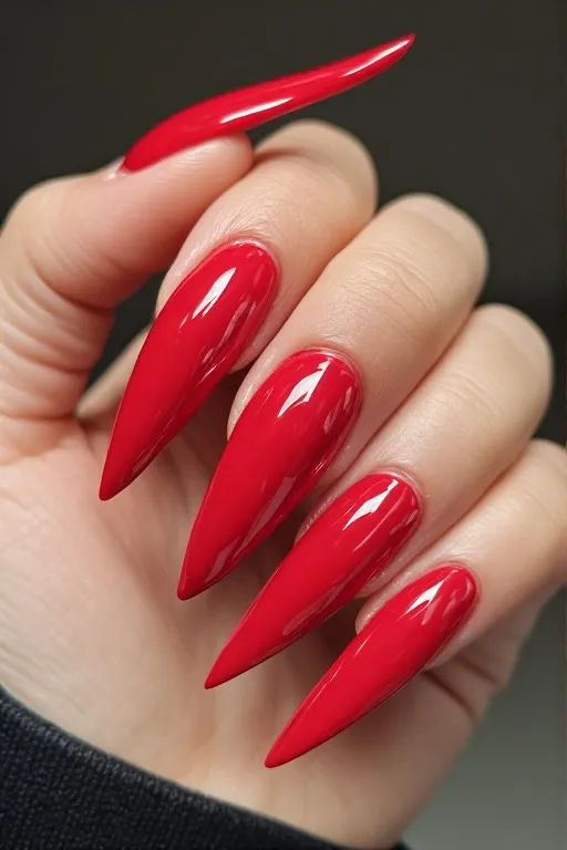 glossy red stiletto nails full coverage