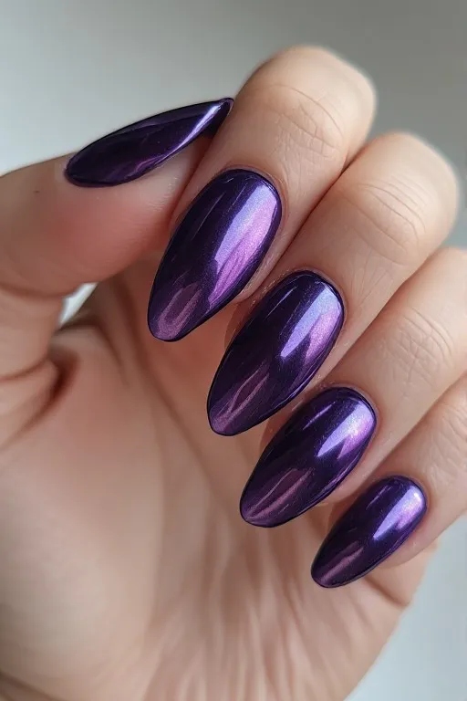 smoky purple chrome coffin nails