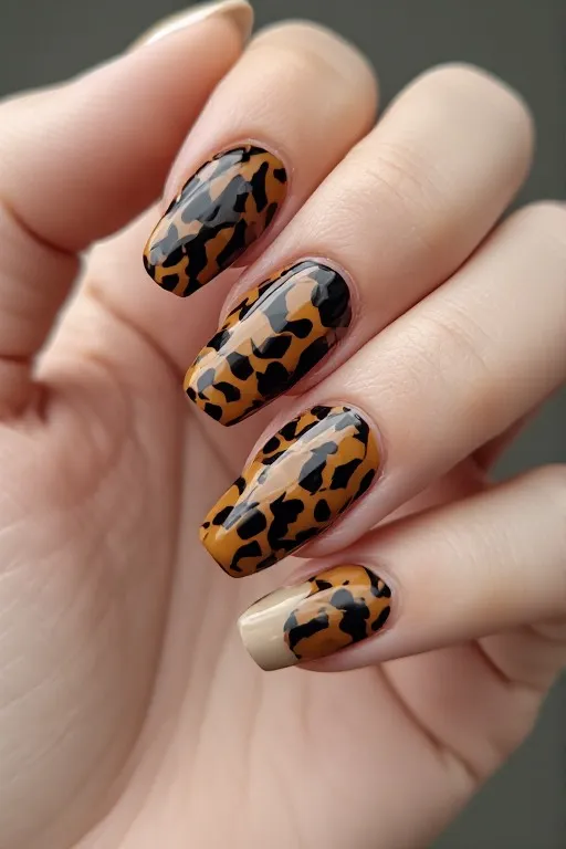 tortoiseshell coffin nails with nude accent