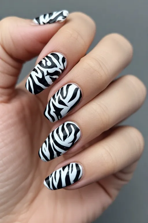 zebra print black white coffin nails