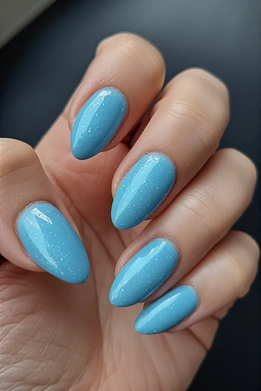aqua blue glazed almond nails