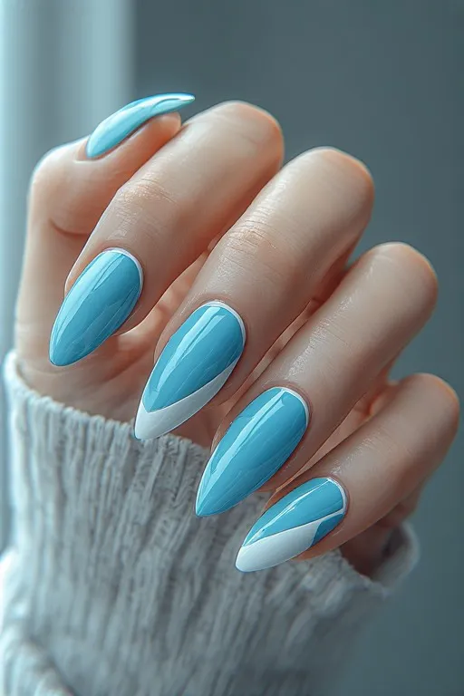  aqua nails with white negative space accent