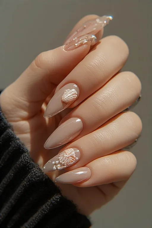  clear nails with seashell accent detail