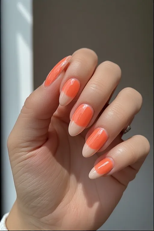  coral french tip sheer nude almond nails