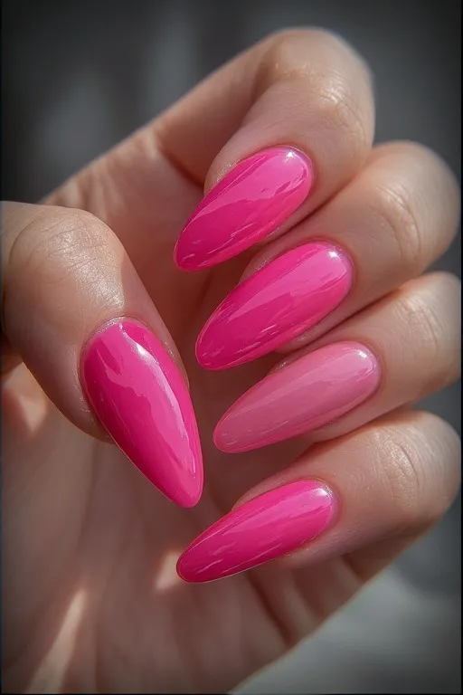  hot pink glossy almond nails