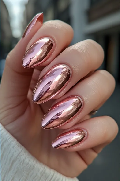  rose gold chrome almond nails