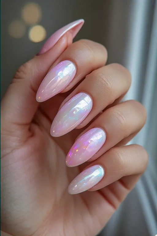 seashell pink glazed almond nails