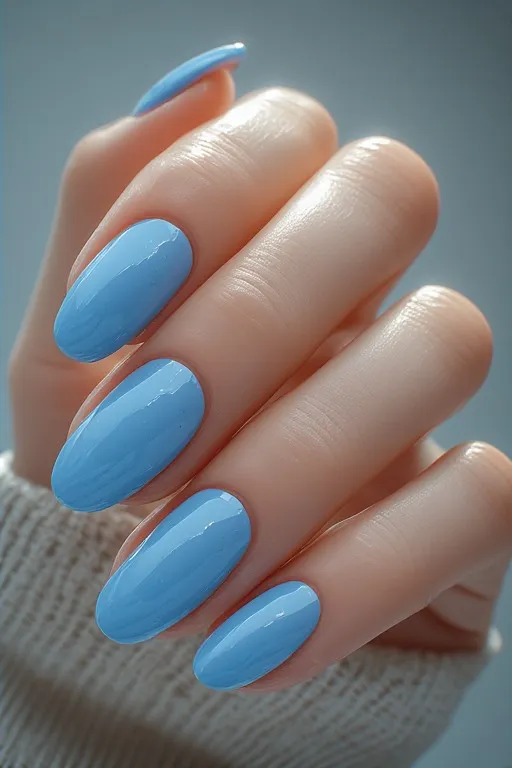  sky blue glossy almond nails