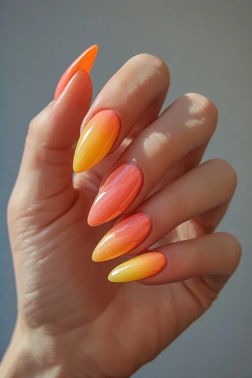  sunset ombre coral peach yellow almond nails