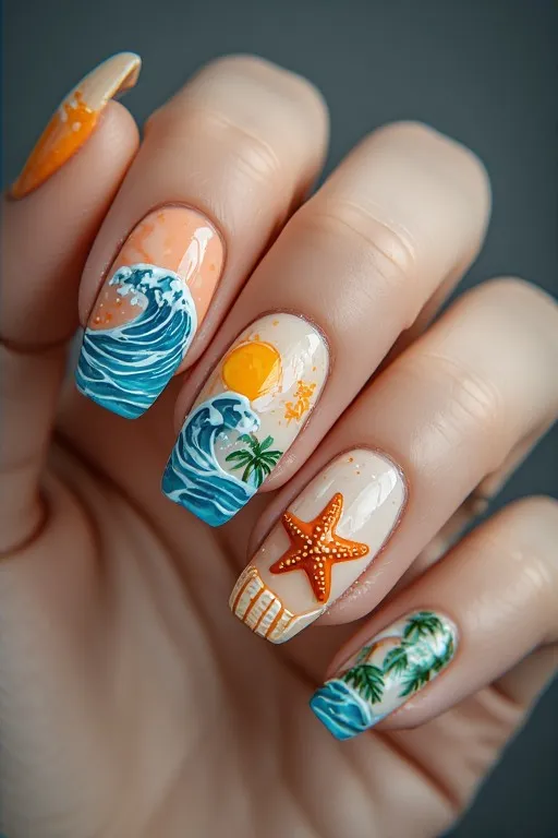  tropical mix nail art on nude almond nails